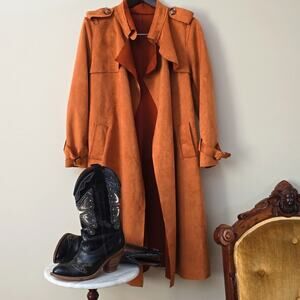 Few Moda New York Faux Suede 70's Trench Coat Medium Open Front Old Money Mob